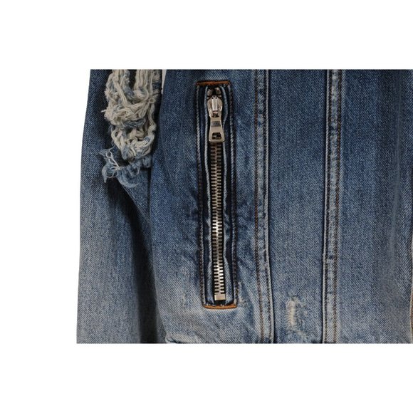 Balmain Mens Distressed Jeans Jacket Size Large Blue Denim Logo Ripped Sleeves - Picture 10 of 14